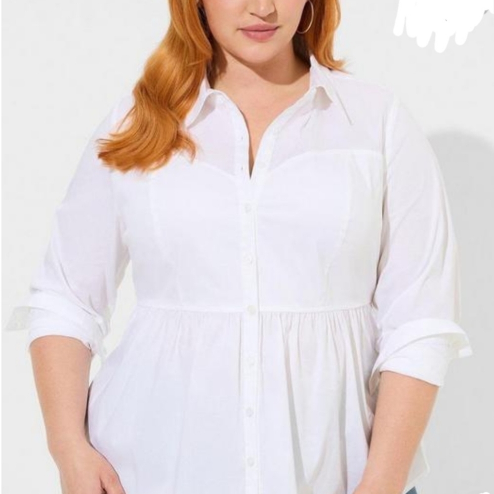 Torrid White Poplin Corset Detail Smocked back Button up shirt